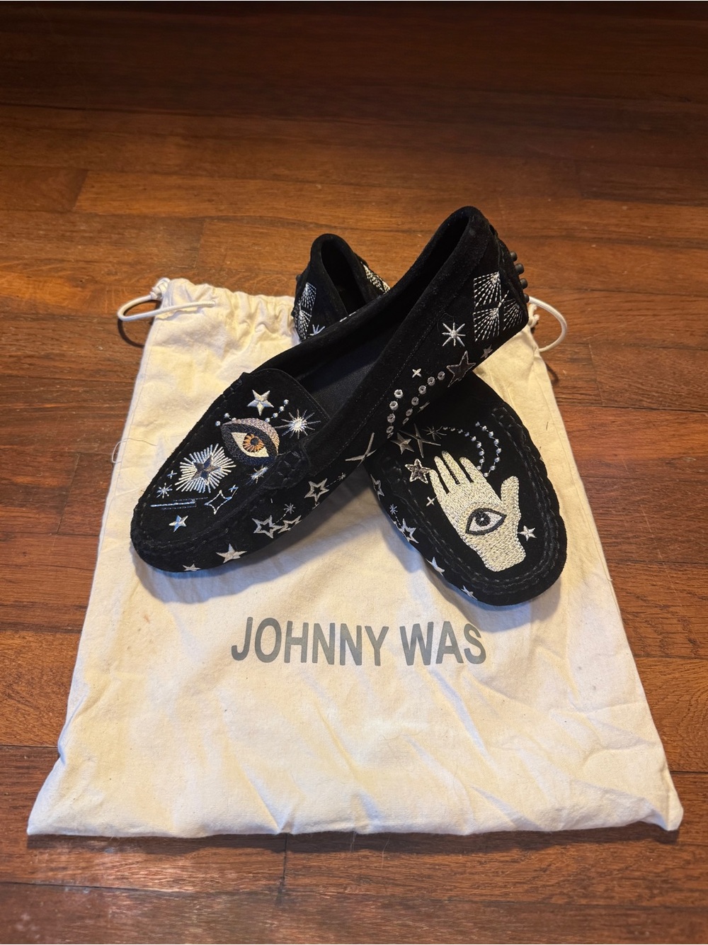 Johnny Was Black Velvet Embroidered Slip-On Loafers